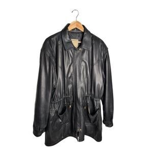 Vintage Echtes Leder Leather Jacket Size XL Black Knee Length Cinched Waist Flaw